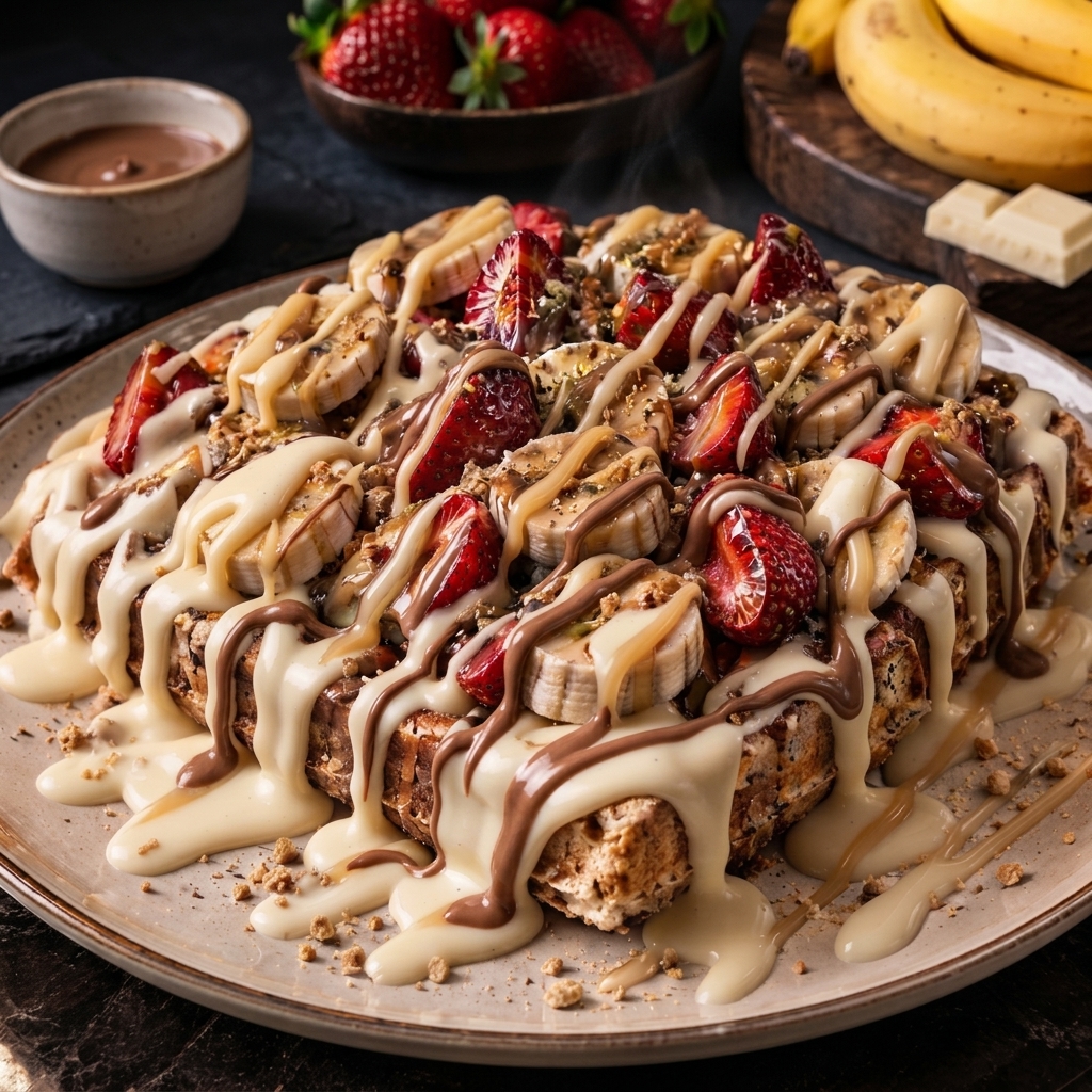 Beyaz ve Sütlü Çikolatalı Muz & Çilek Waffle